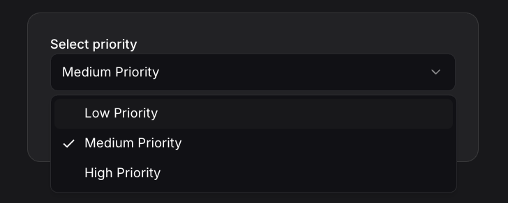 A single-choice dropdown rendered in Vibe Work, showing priority options.